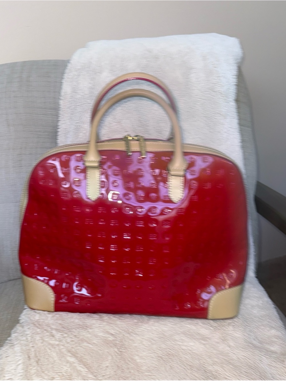 Arcadia Red Patent Top-Handle Satchel with Tan Trim